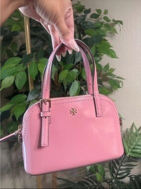 Tory Burch Pink Patent Mini Dome Satchel with Gold Logo